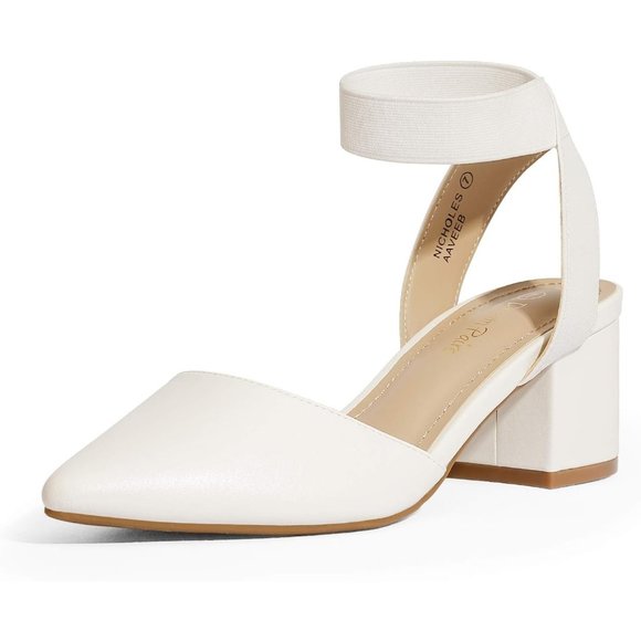 Women Pointed Toe Low Chunky Heels Pump White Pu-n Non-Slip Outsole Shoes - Picture 1 of 6